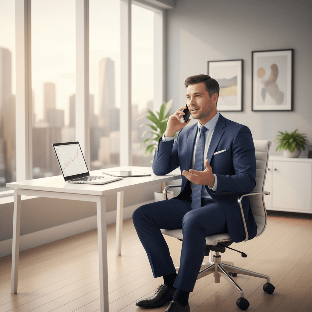 Business professional on phone in bright, modern office setting