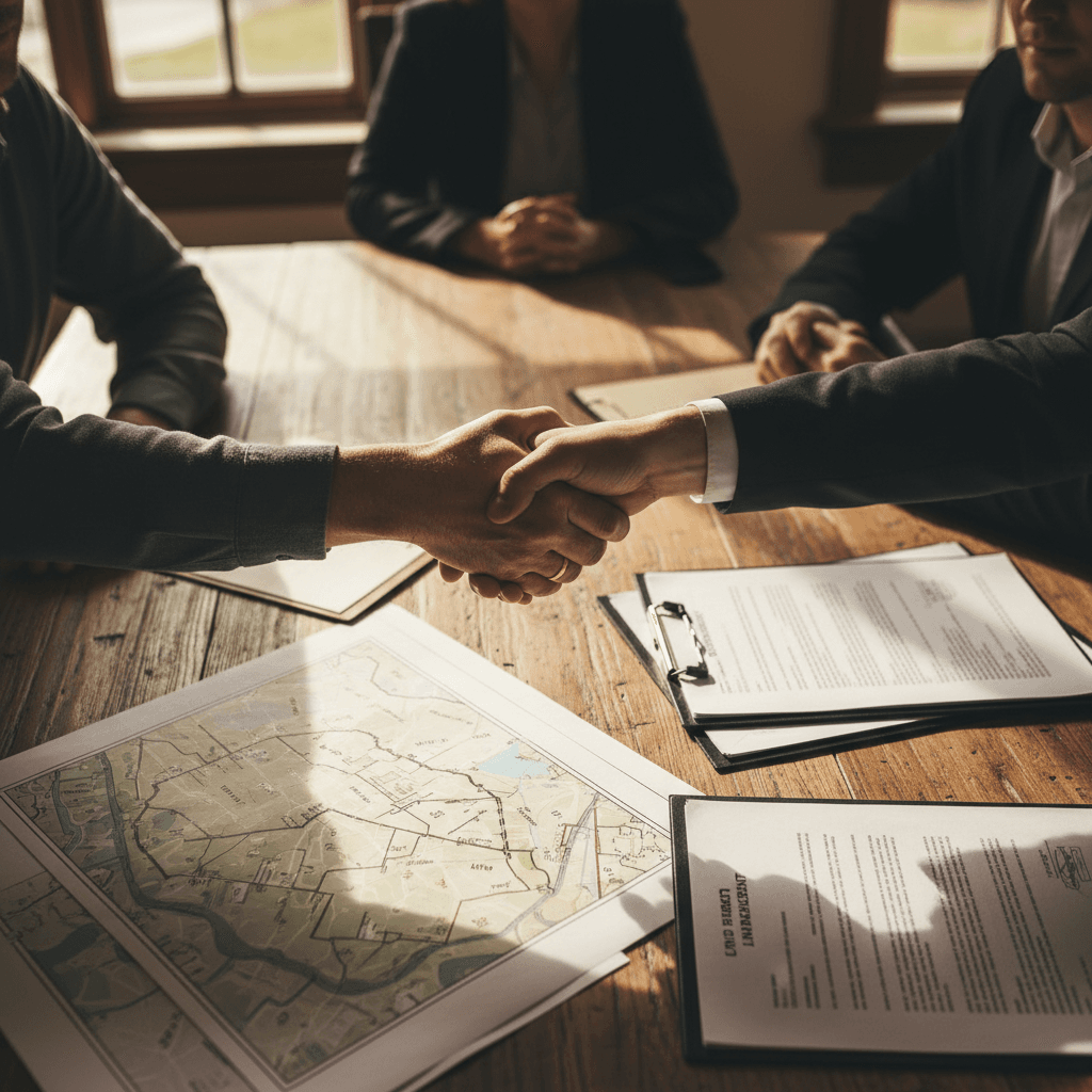 Land buyer and seller shaking hands to confirm deal